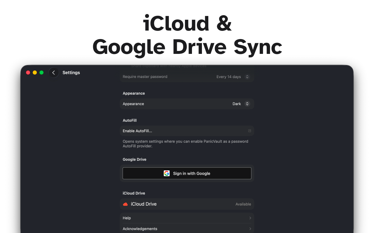 PanicVault on Mac - iCloud & Google Drive Sync