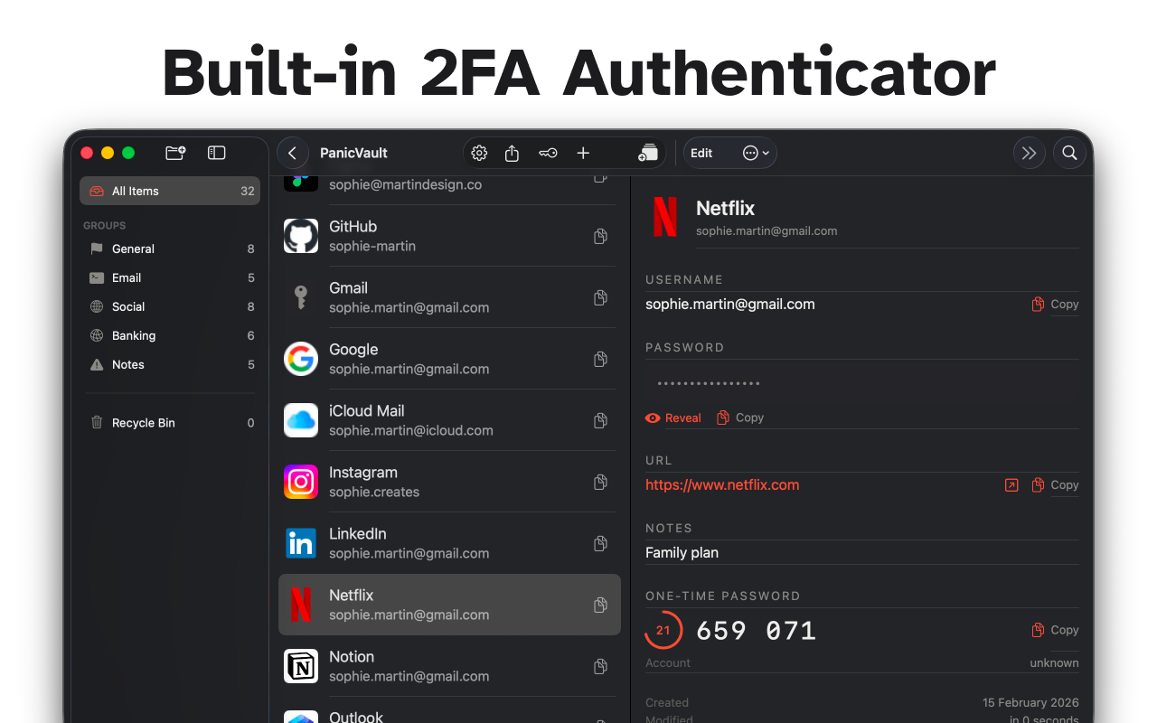 PanicVault on Mac - Built-in 2FA Authenticator
