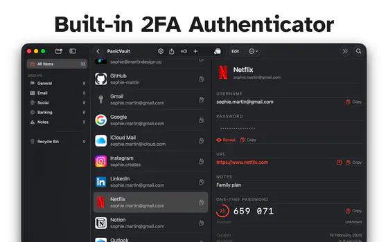 PanicVault on Mac - Built-in 2FA Authenticator