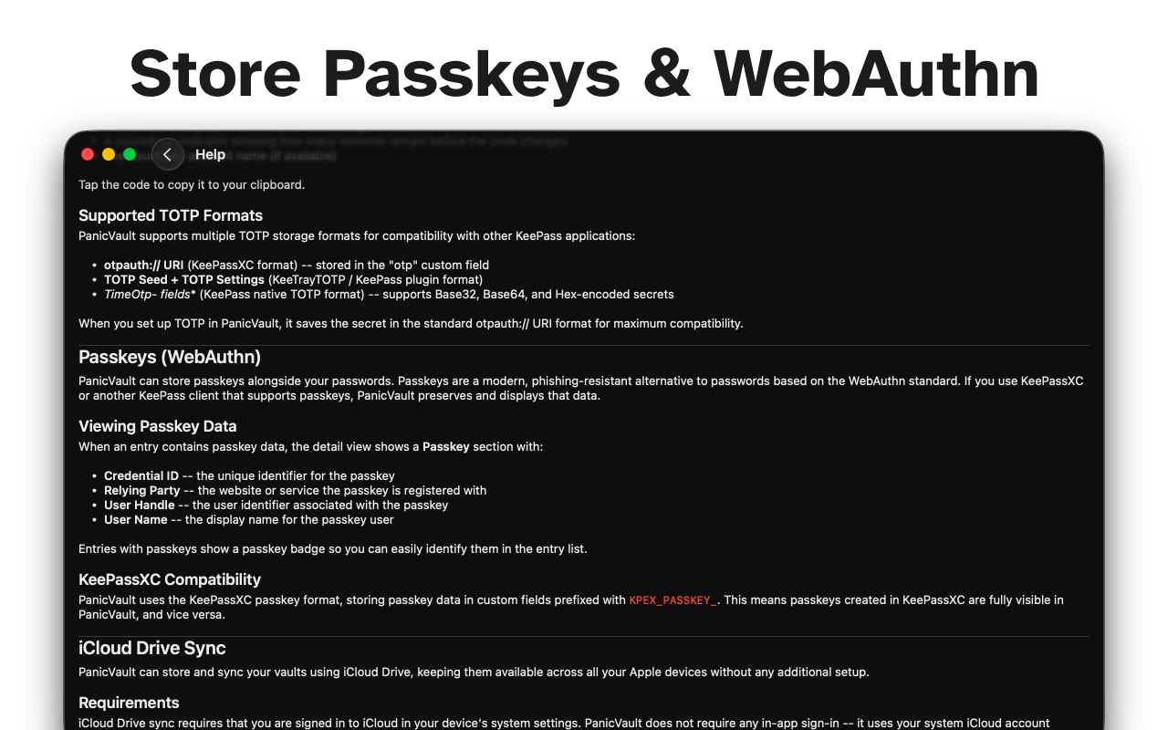 PanicVault on Mac - Store Passkeys & WebAuthn