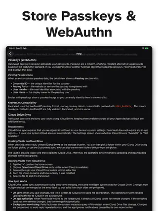 PanicVault on iPad - Store Passkeys & WebAuthn
