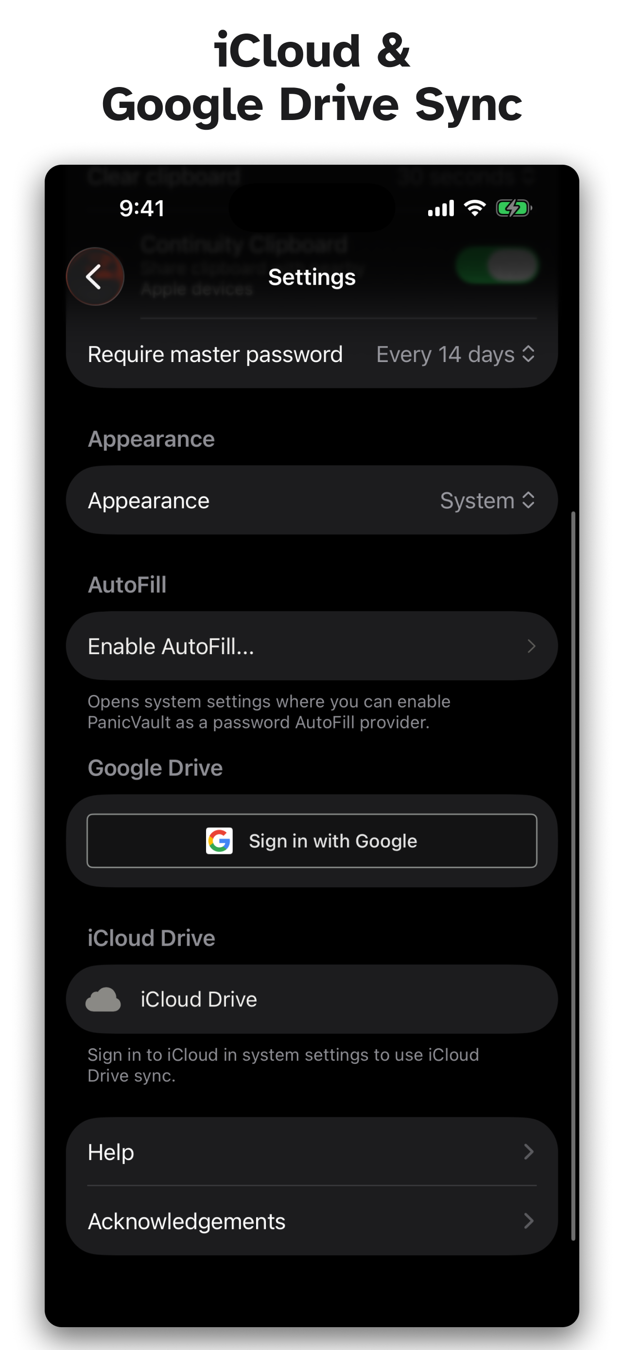 PanicVault on iPhone - iCloud & Google Drive Sync