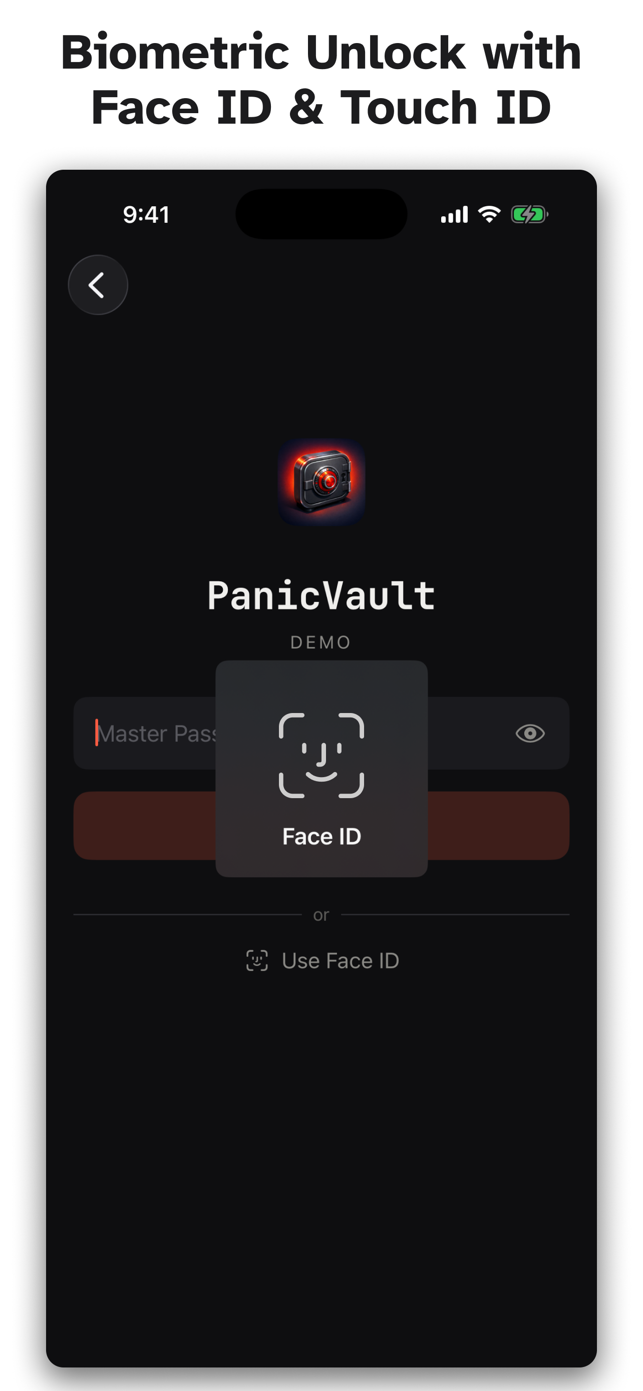 PanicVault on iPhone - Biometric Unlock with Face ID