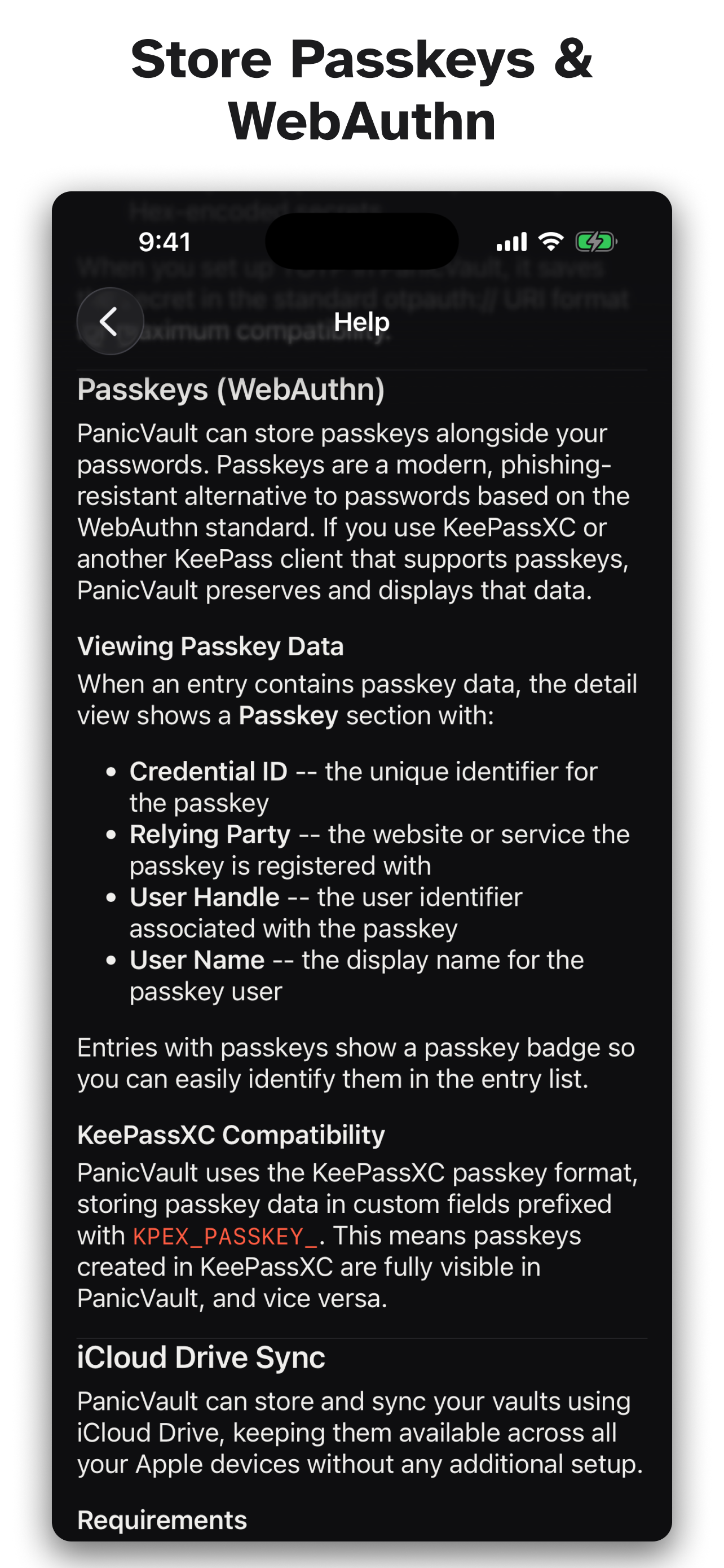 PanicVault on iPhone - Store Passkeys & WebAuthn